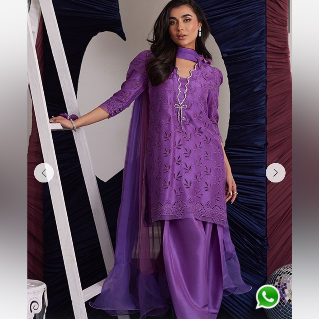 Farah Talib Aziz Purple 3 Piece Raw Silk Schiffli Embellished
